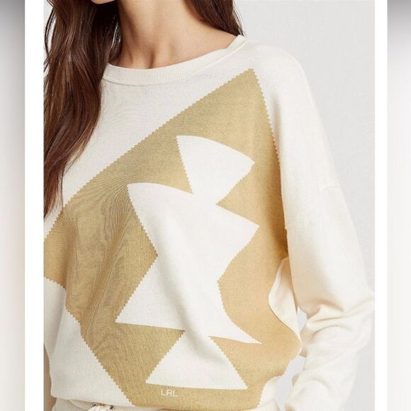 Ralph Lauren Beige Southwestern Print Terry Pullover Crewneck Sweater Medium - Picture 1 of 7